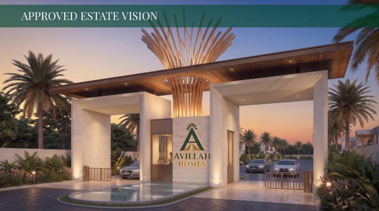 Architectural visualisation of the Avillah Homes entrance gateway, The Rising Crown