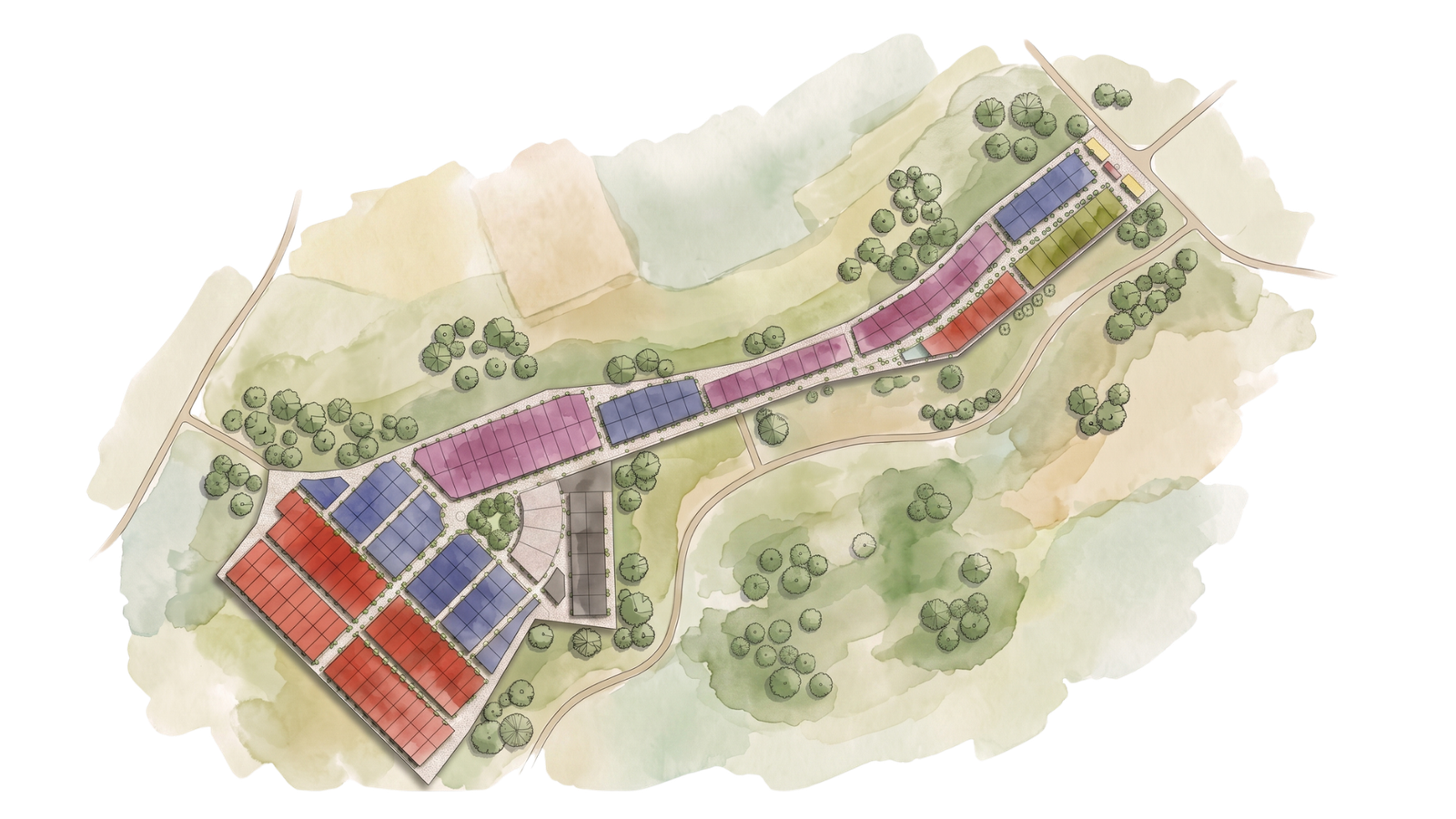 Avillah Homes master plan layout showing the four residential collections, Community Heart, commercial edge and road network
